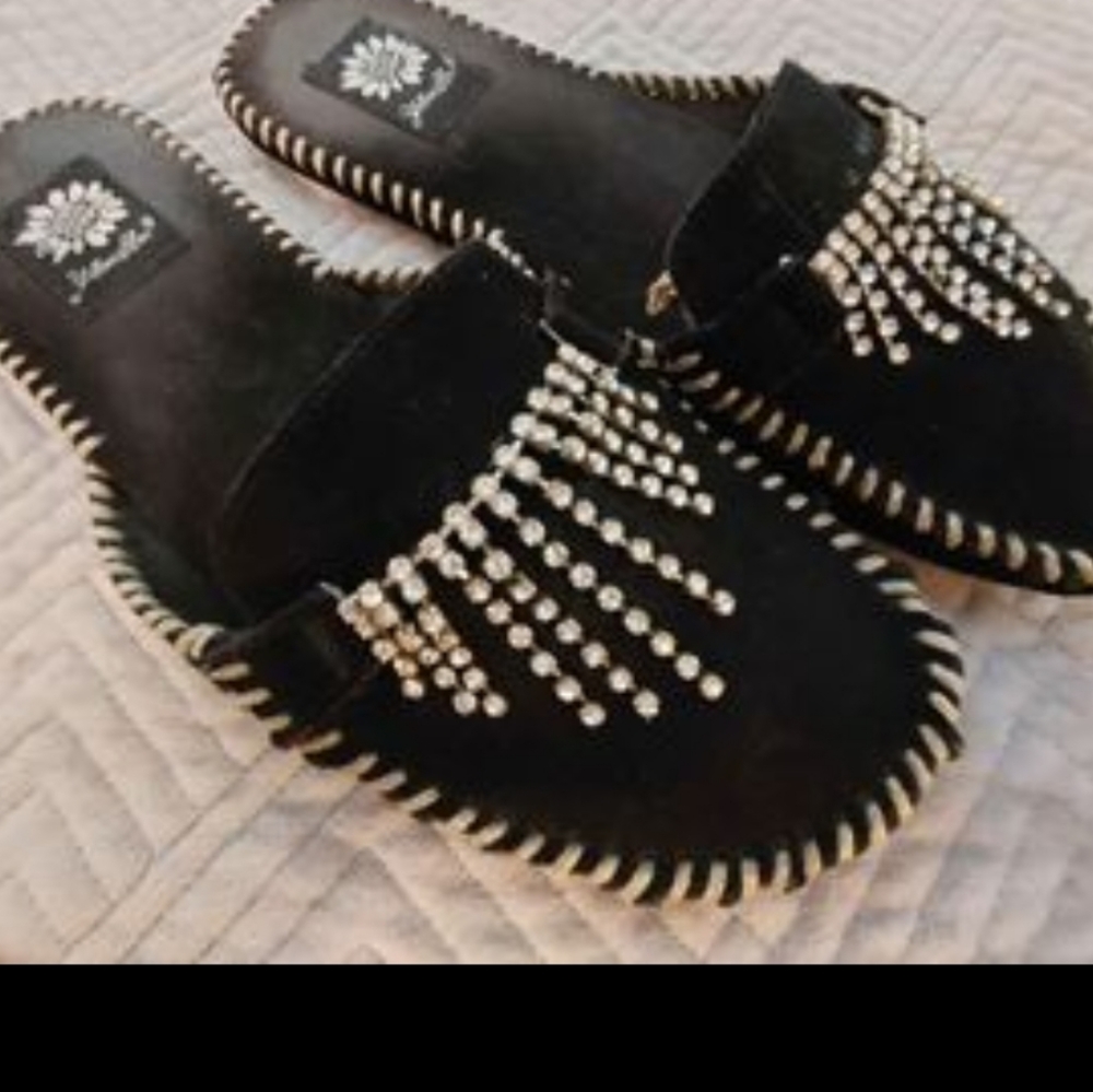 Yellow Box Black Crystal Embellished Mules